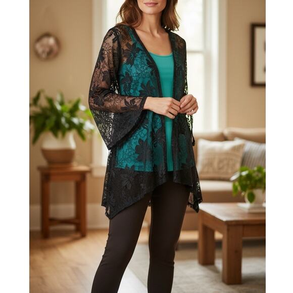NWT ~ Women's 3 Piece Set ~ Teal Cami Black Lace Cardigan & Pants ~ Plus Size 3X - Picture 1 of 6